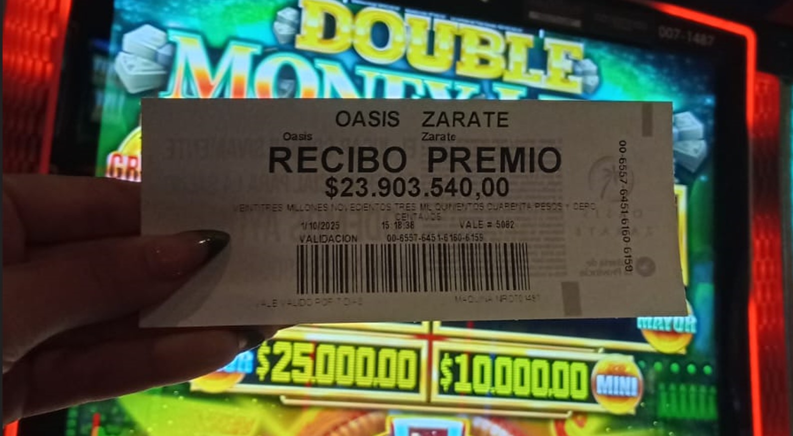 Recibo de premio de Oasis Zárate por 23903540 pesos argentinos